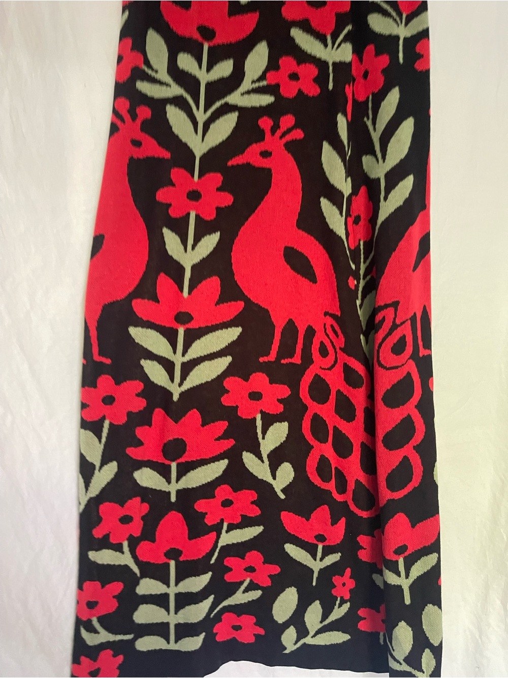 Maxi Skirt with Red Floral & Peacock Motif. Size L. Waist 31” Length 42” - Picture 8 of 13